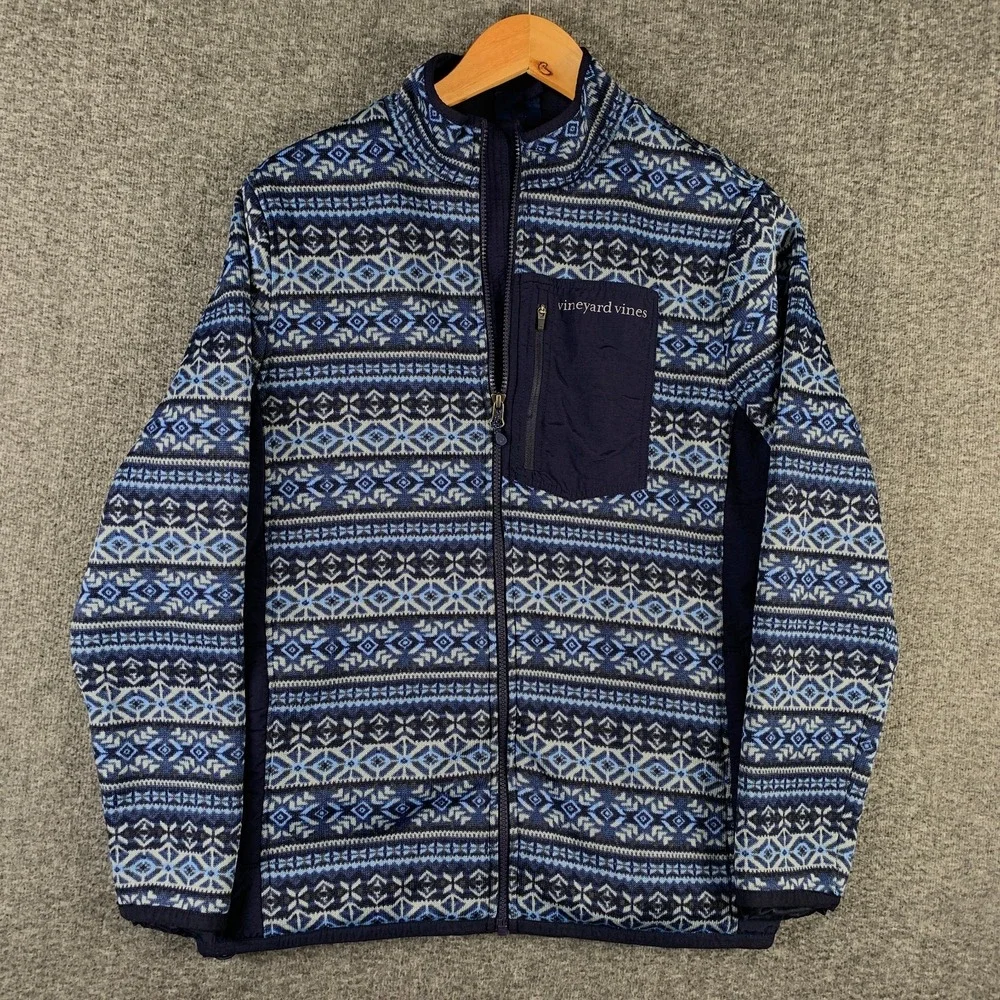 Vineyard Vines Jacket Men Medium Blue Fair Isle Fleece Full Zip Southwestern